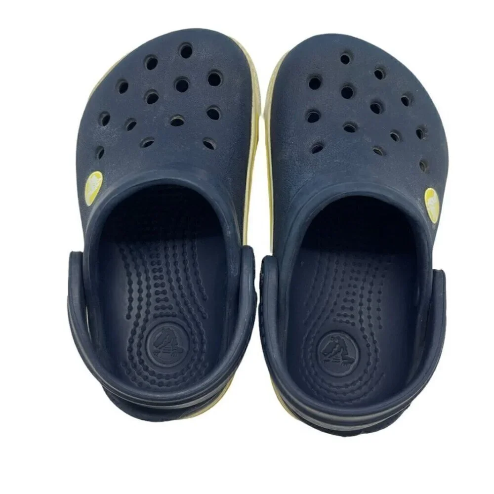 Crocs Navy White Yellow Stripe Crocband Clogs Sandals Toddler Unisex Size C 4-5